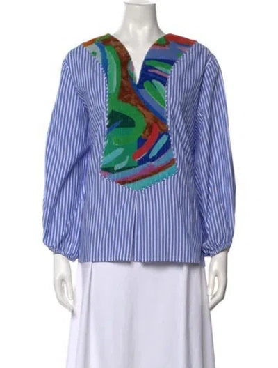 Pre-owned Rianna + Nina Striped V-neck Blouse In Blue