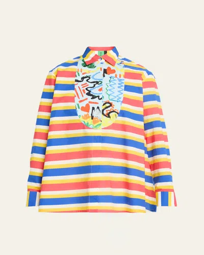 Rianna + Nina Tropica Striped Cotton Bib-front Collared Shirt In Blue