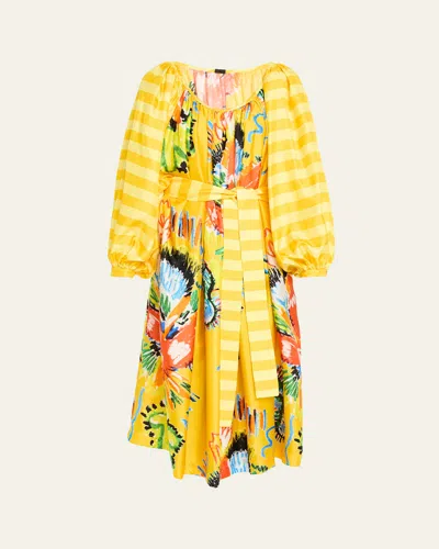 Rianna + Nina Tropical Striped Silk Balloon Sleeve Midi Dress In Yellow
