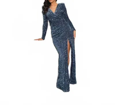Ricarica Isabella Long Sleeve Velvet Sequin Maxi Dress In Blue