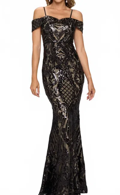 Ricarica Roxanne Off Shoulder Sequin Gown In Black/nude