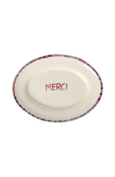 Rice By Rice Ceramic Serving Platter Hand Painted Merci In Neutral