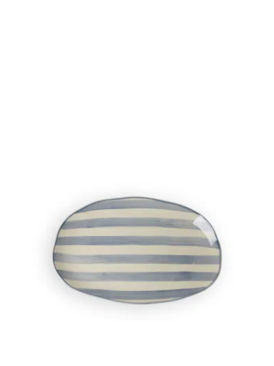 Rice Large Ceramic Serving Platter Creme With Blue Stripes