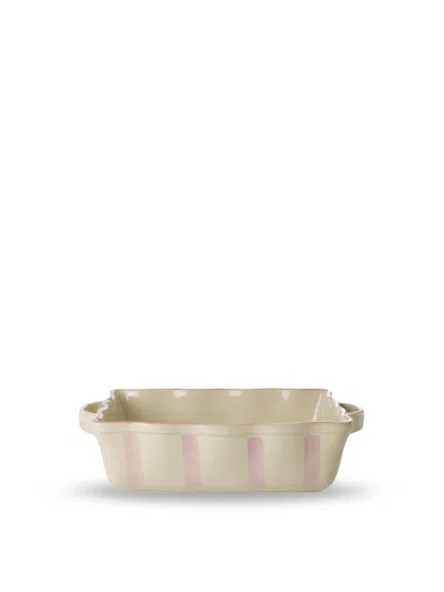 Rice Large Stoneware Oven Dish Creme With Pink Stripes
