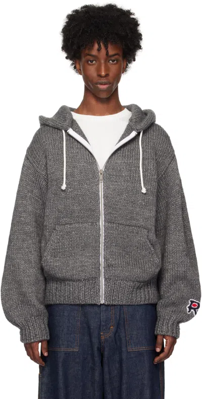 Rice Nine Ten Gray Hand Knitted Zip Hoodie In Dark Gray