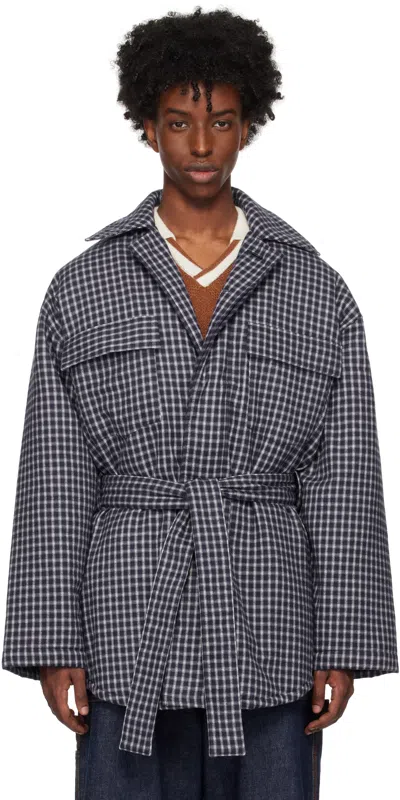 Rice Nine Ten Navy Padded Drawstring Jacket In Navy Check