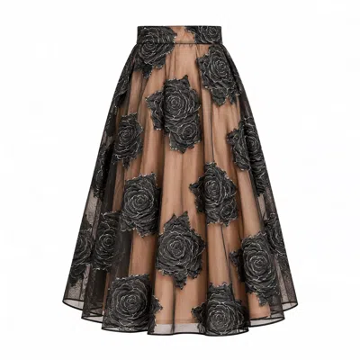 Richa Sharma Women's Black / Gold / Silver Handcrafted Black Organza Jacquard Midi Skirt With Floral Motifs In Black/gold/silver