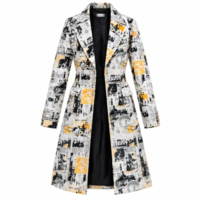Richa Sharma Women's Black / White / Gold The Editorial Muse Handcrafted Newspaper Print Belted Coat In Black/white/gold