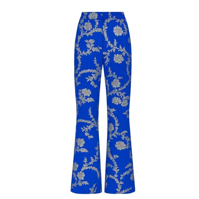 Richa Sharma Women's Blue / Gold / Silver Royal Blue Brocade Silk Trousers With Silver Floral Motifs - Handcrafte