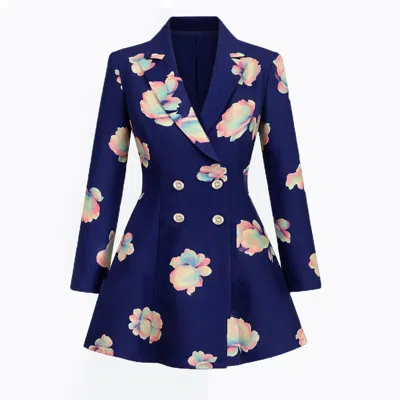 Richa Sharma Women's Blue / Pink / Purple Luxury Handmade Floral Blazer Dress In Midnight Blue - Tailored Double-