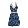 Richa Sharma Women's Blue / White / Silver Indigo Handcrafted Block Painted Dress With Pearl Buckle Belt - Organi