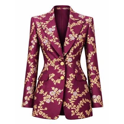 Richa Sharma Women's Gold / Brown / Silver Luxury Handcrafted Plum Hued Brocade Blazer With Gold Floral Motifs In Burgundy