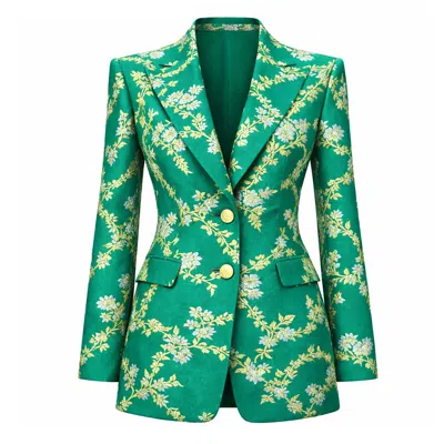 Richa Sharma Women's Green / Gold / Silver Luxury Handcrafted Emerald Silk Brocade Blazer With Gold Floral Motifs