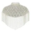 Richa Sharma Women's Hand-beaded White Pearl Fringe Cape Shawl - Bridal Sequin Lattice Cover Up In White