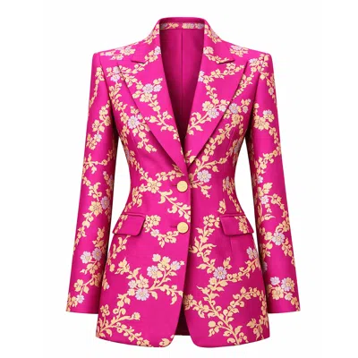 Richa Sharma Women's Pink / Gold / Silver Luxury Hand-tailored Pink Brocade Blazer With Gold Floral Embroidery