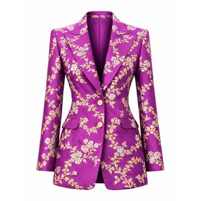 Richa Sharma Women's Purple / Gold / Silver Luxury Handcrafted Amethyst Silk Brocade Blazer With Gold Floral Deta