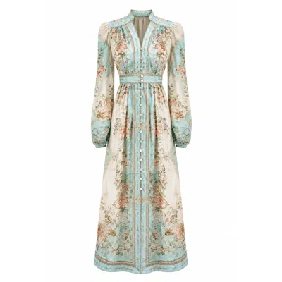 Richa Sharma Women's White / Green Celestia Bloom Linen Maxi Bloom Dress In White/green