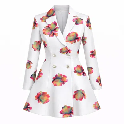 Richa Sharma Women's White / Orange / Pink Luxury Handmade White Floral Blazer Dress - Tailored Double-breasted F