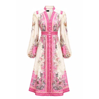 Richa Sharma Women's White / Pink Luxury Linen Handcrafted Floral Dress In White/pink