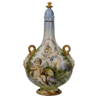 Pre-owned Richard Ginori Antique Ginori Istoriato Style Italian Maiolica Pottery Pilgrim Flask & Stopper In Brown