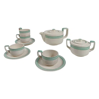 Pre-owned Richard Ginori Italian Art Deco Tea Set By  In White And Tiffany Green Majolica