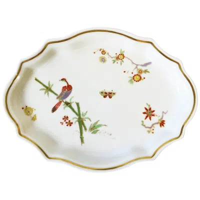 Pre-owned Richard Ginori Italian  Porcelain Tray Parrot Bird On Bamboo Plant Chinoiserie In Gray