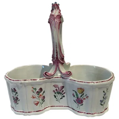 Pre-owned Richard Ginori Italy 18th Century  Porcelain Cruet With Floral Drawings In Gray
