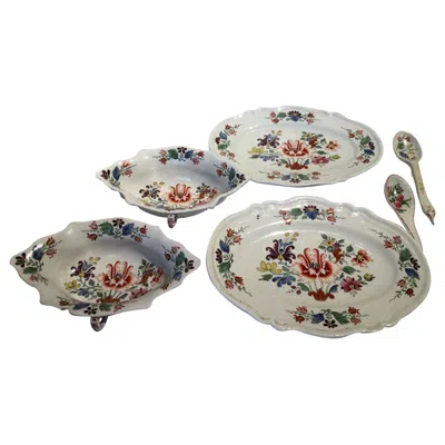 Pre-owned Richard Ginori Italy  Late 18th Century Pair Porcelain Sauce Boats Tulip Decor In Gray