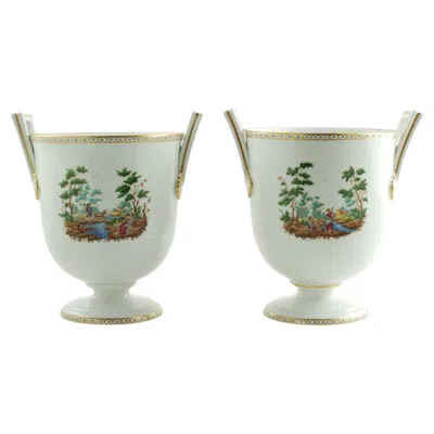 Pre-owned Richard Ginori Matched Pair  Porcelain Mantova Scenic Landscape Footed Urns In Clear