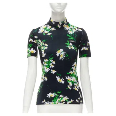 Pre-owned Richard Quinn Black White Green Daisy Floral Print Velvet Short Sleeve Top S