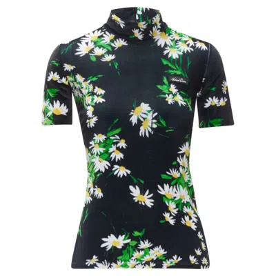 Richard Quinn Daisy Floral Print Velvet Short Sleeve Top In Black