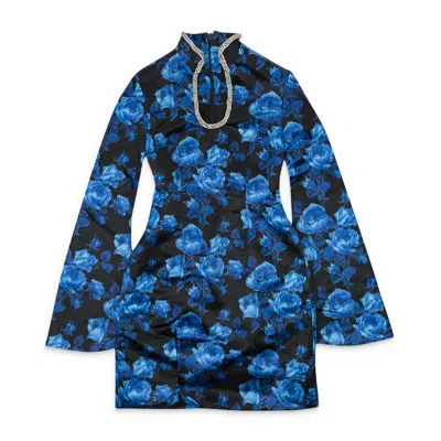 Richard Quinn Women's Pre-loved Floral High Collar Day Mini Dress In Blue Black Floral