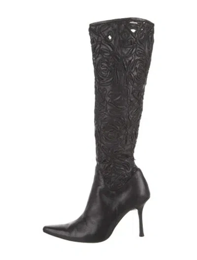 Pre-owned Richard Tyler Leather Embroidered Accent Boots In Black