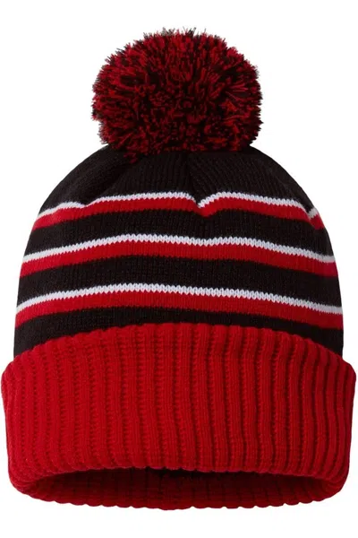Richardson Stripe Pom Cuffed Beanie In Red
