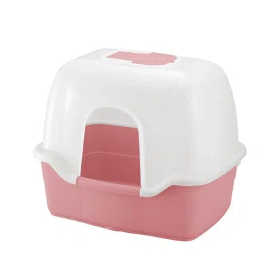 Richell Paw Trax Wide Hooded Cat Litter Box In Salmon Pink