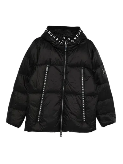 Richmond Puffy Black Jacket With Hood And Zip-up Front