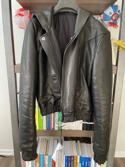 Pre-owned Rick Owens $3.5k Hooded Edfu Leather Jacket In Black