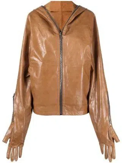 Pre-owned Rick Owens $6.5k Value Leather Glove Hodded Jacket In Brown