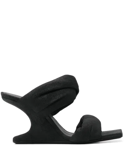 Rick Owens Twisted Cantilever Suede Wedge Mules In Black