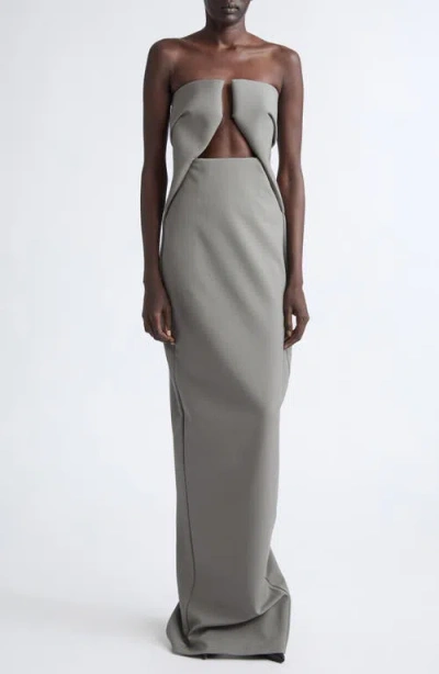 Rick Owens Abito Prong Cutout Strapless Wool Blend Gown In Steel