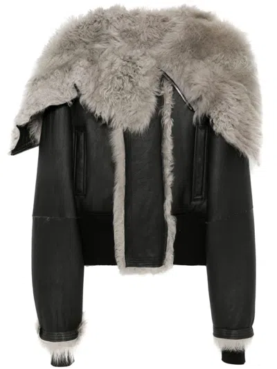 Rick Owens Long Sleeved Cropped Leather Jacket In Black