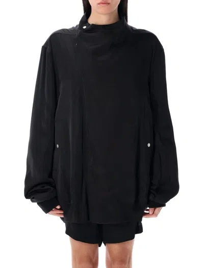 Rick Owens Anthem Jacket With Rounded Funnel Neck And Off-centre Zipper In Black