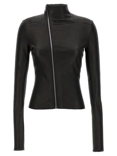 Rick Owens Asymmetric Black Stretch Leather Jacket In Blue