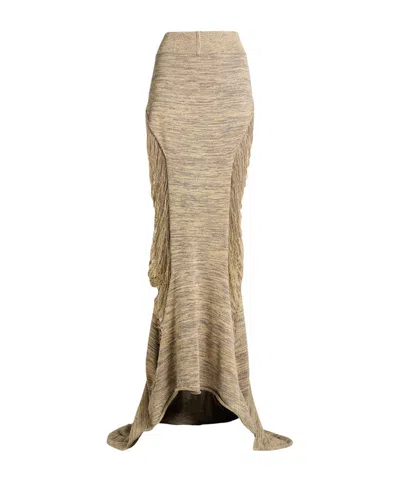 Rick Owens Asymmetric Metallic Knit Midi Skirt In Brown