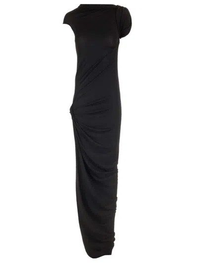 Rick Owens Asymmetric Neckline Draped Long Dress In Black