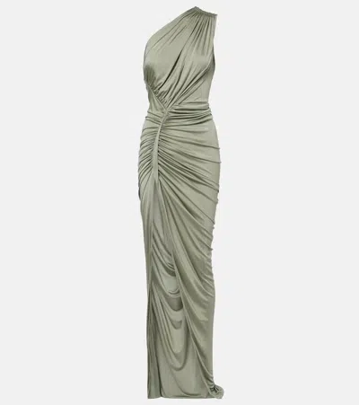 Rick Owens Asymmetric Ruched Jersey Gown In Green