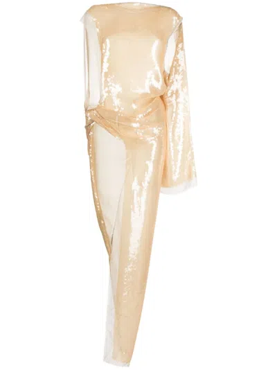 Rick Owens Asymmetric Sequinned Chiffon Maxi Dress In Nude