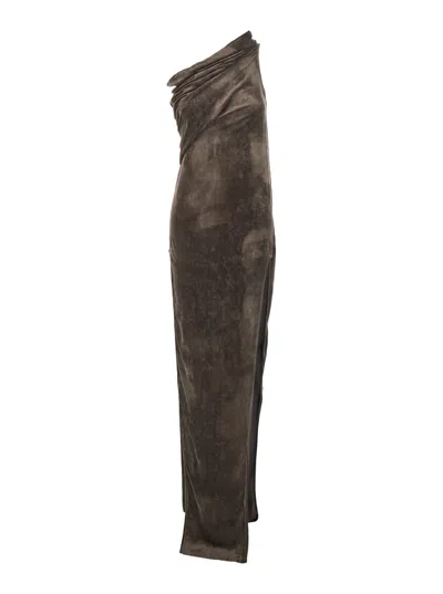 Rick Owens Athena Arrowhead Brown Asymmetric Long Dress With Ruched Neckline And Side Single Slit In Viscose Bl In Multi