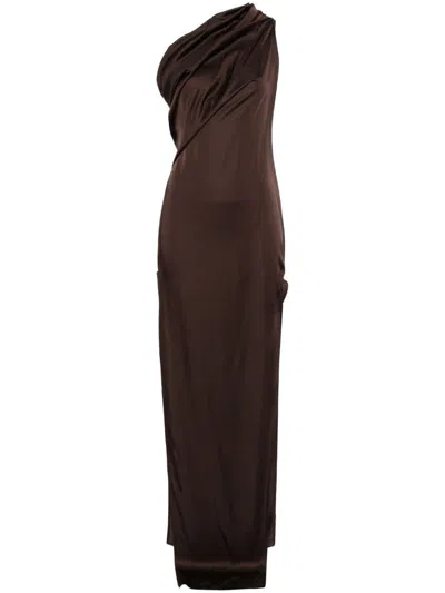 Rick Owens Athena Washed Charmeuse Long Dress In Brown