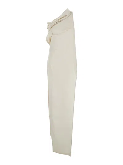 Rick Owens Athena Arrowhead White Long Dress With One Shoulder Design And Side Slits In Viscose And Acetate Ble